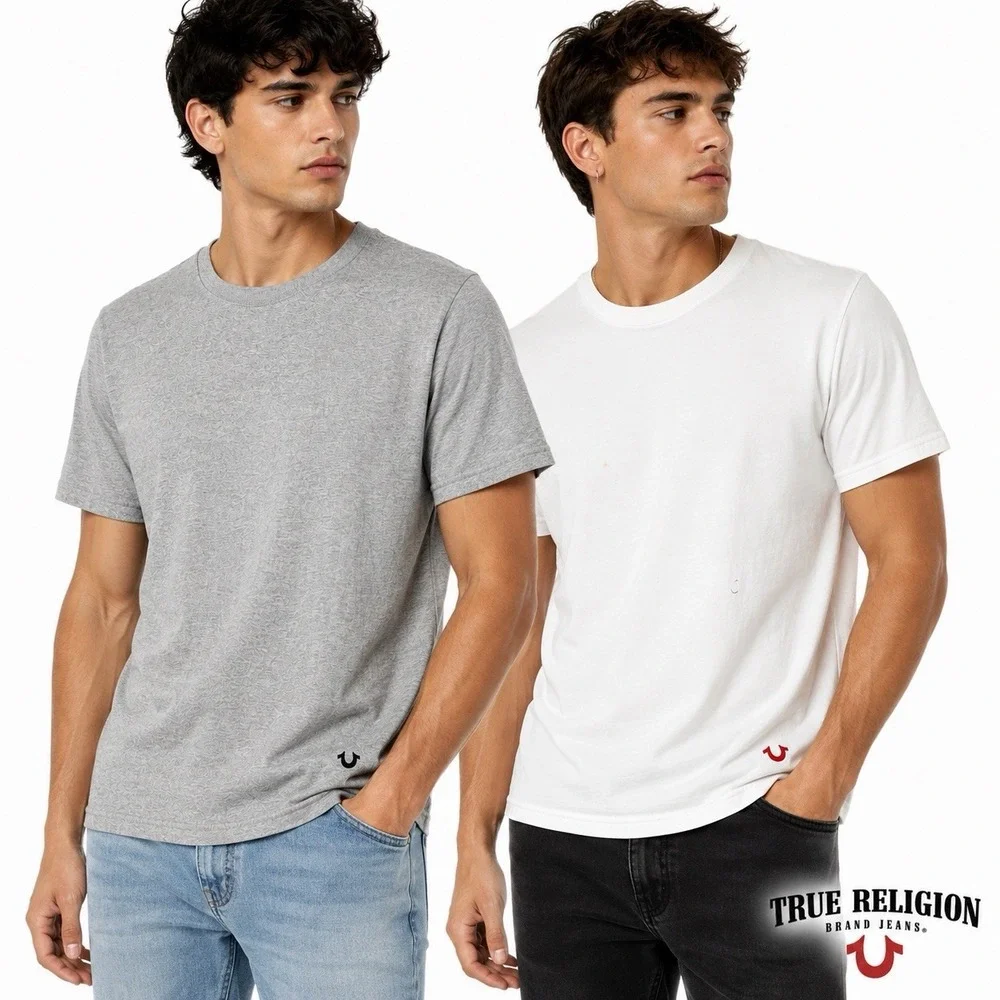 True Religion T-Shirt Lot of 2 Men's Large White Gray Minimal Logo Crew Neck